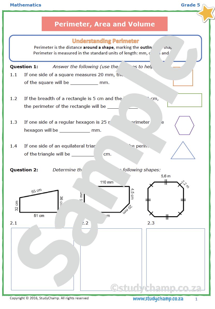 Grade 5 Mathematics Worksheet: Perimeter, Area and Volume
