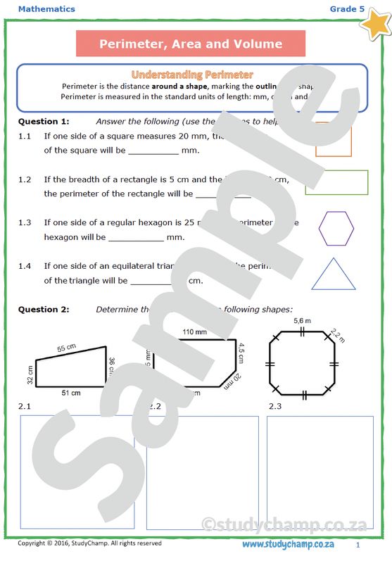 Grade 5 Mathematics Worksheet: Perimeter, Area and Volume
