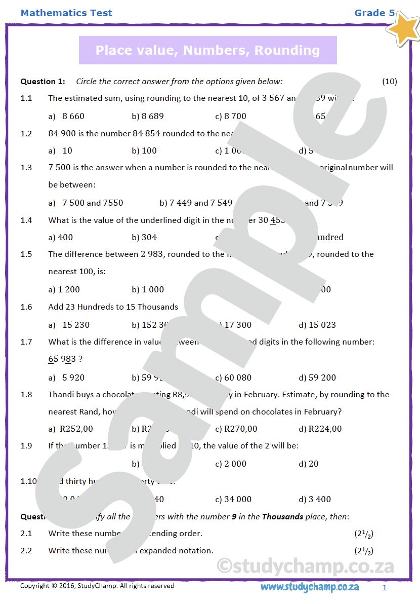 Grade 5 Mathematics Test: Place Value, Number concepts and Rounding