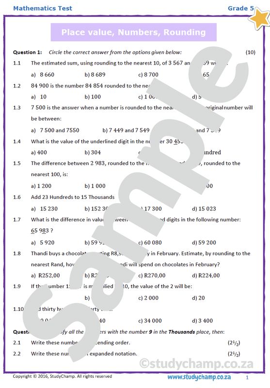 Grade 5 Mathematics Test: Place Value, Number concepts and Rounding