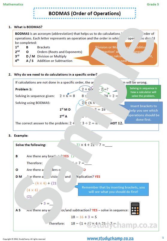 Grade 5 Mathematics Worksheet: BODMAS