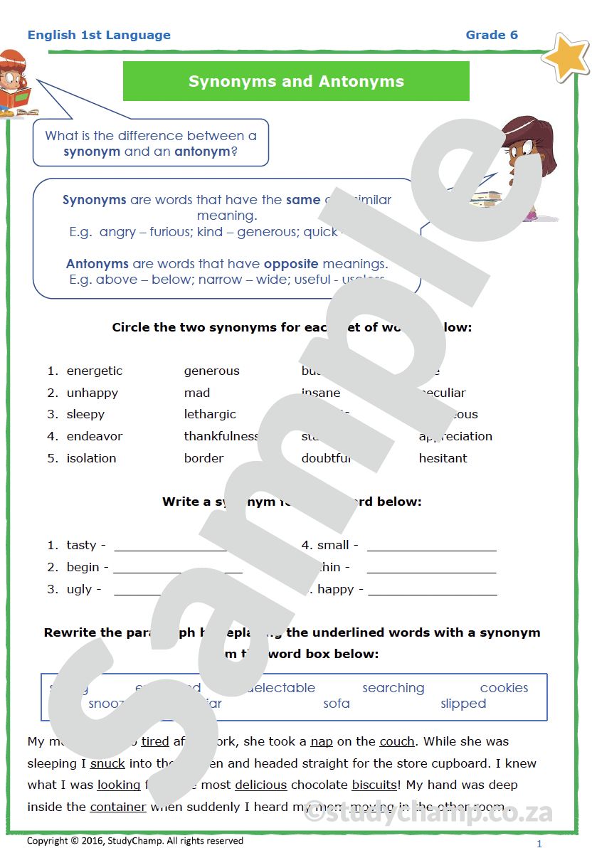 Grade 6 English Worksheet: Synonyms, Antonyms and Soundalikes