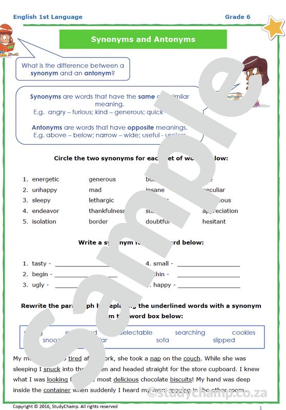 Grade 6 English Worksheet: Synonyms, Antonyms and Soundalikes