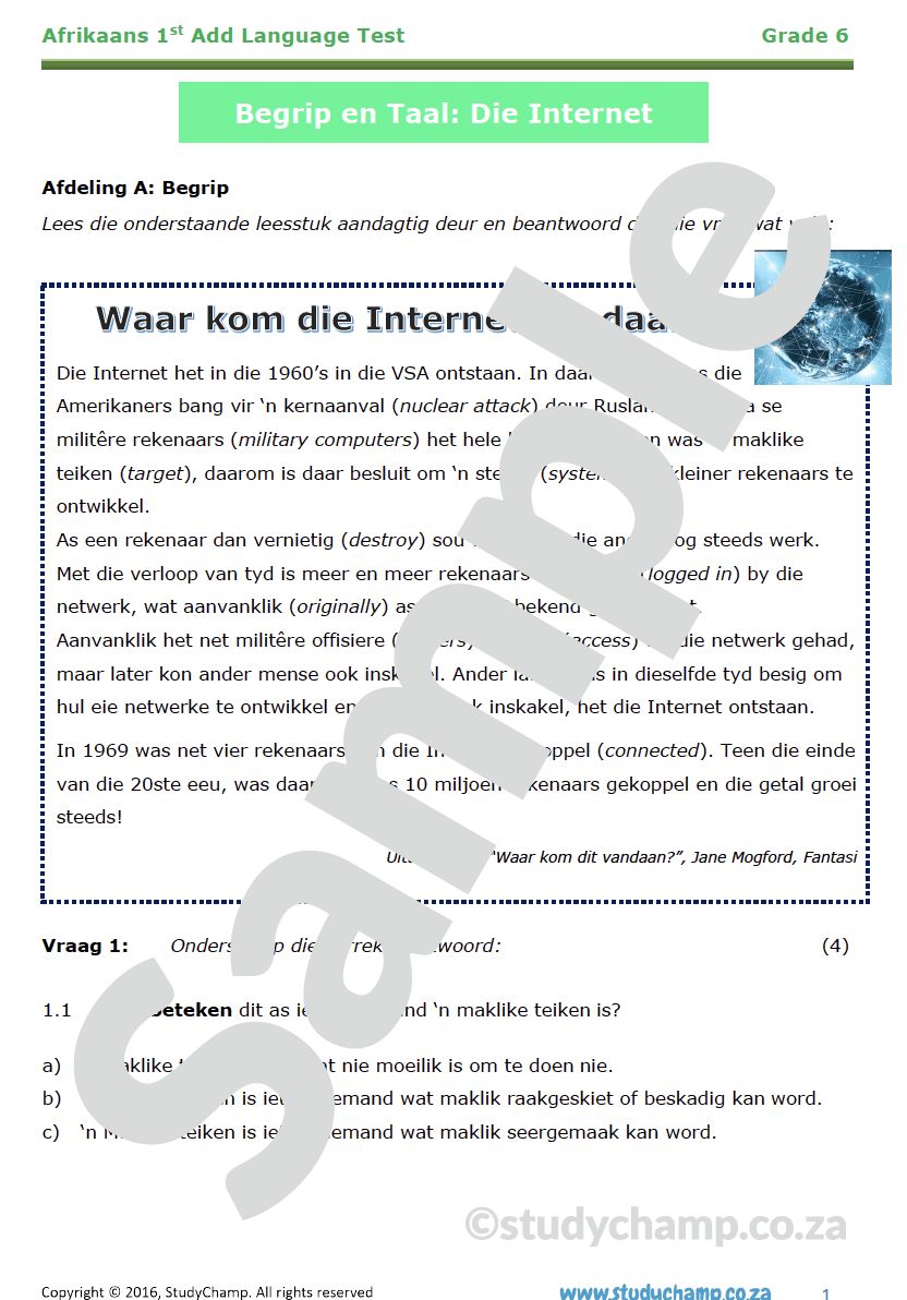 Grade 6 Afrikaans Toets: Internet