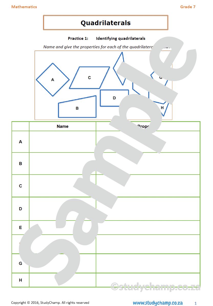 Grade 7 Mathematics Worksheet: Geometry - Quadrilaterals