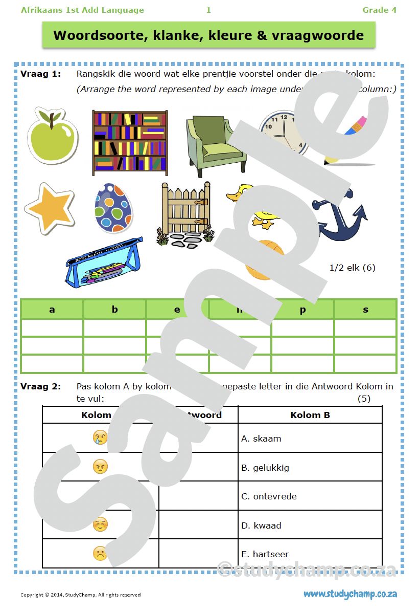 Grade 4 Afrikaans Toets: Klanke en kleure