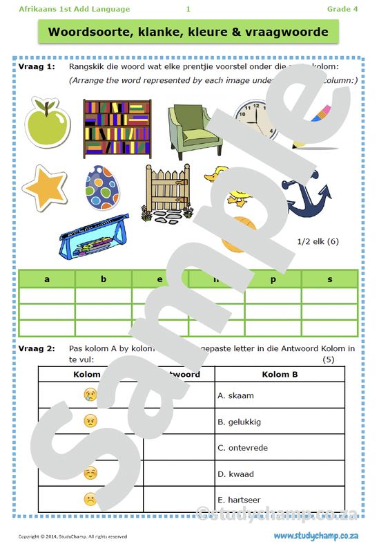 Grade 4 Afrikaans Toets: Klanke en kleure