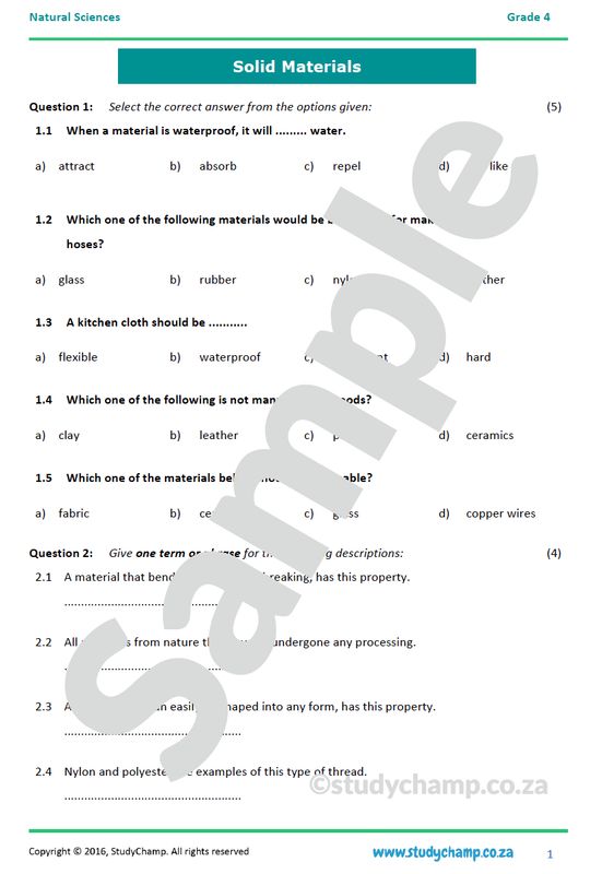Grade 4 Natural Sciences Test: Solids and Properties of Materials