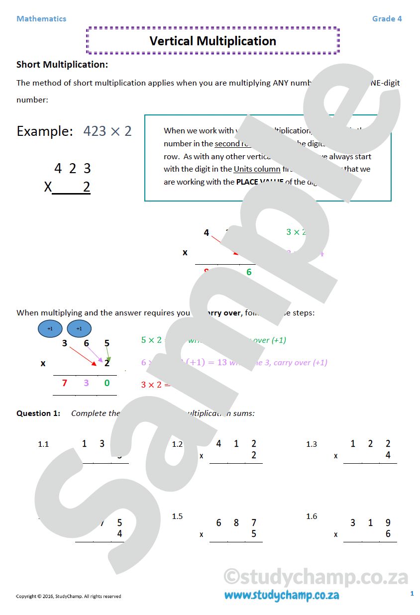 Grade 4 Mathematics worksheet: Vertical Multiplication A