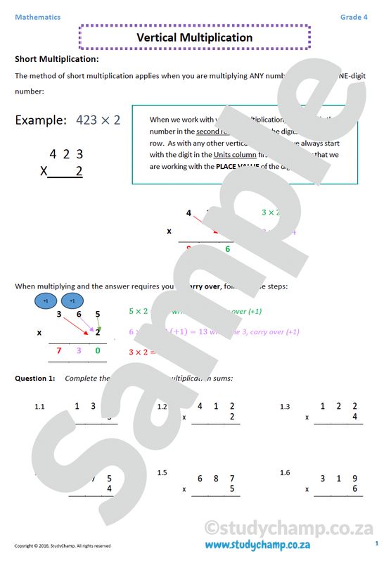 Grade 4 Mathematics worksheet: Vertical Multiplication A
