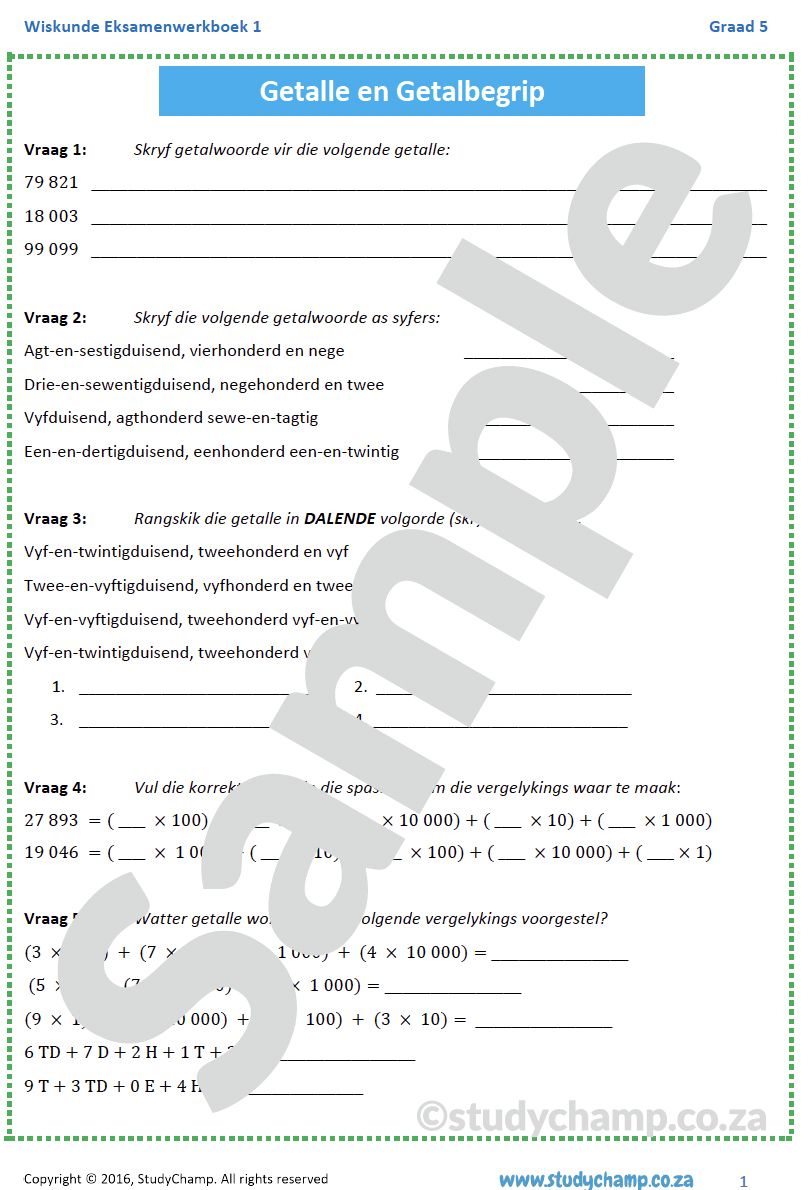 Graad 5 Wiskunde Jaareind Hersiening: Werkboek 1