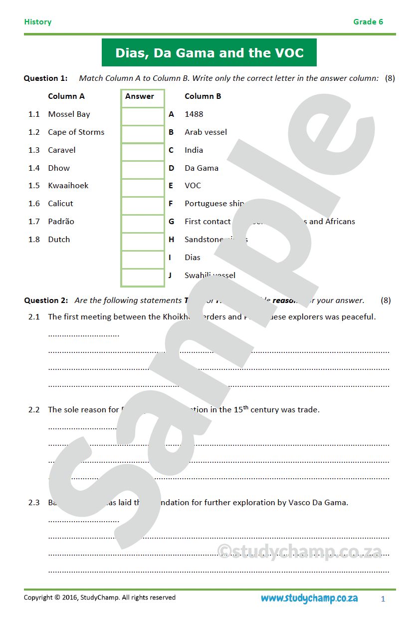 Grade 6 History Test: The VOC, Dias and Da Gama