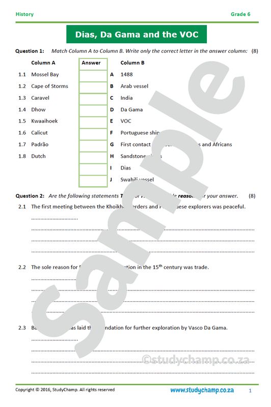Grade 6 History Test: The VOC, Dias and Da Gama