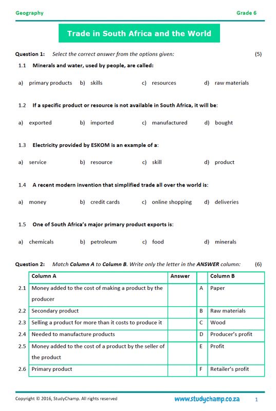 Grade 6 Geography Test: Trade in South Africa and the World