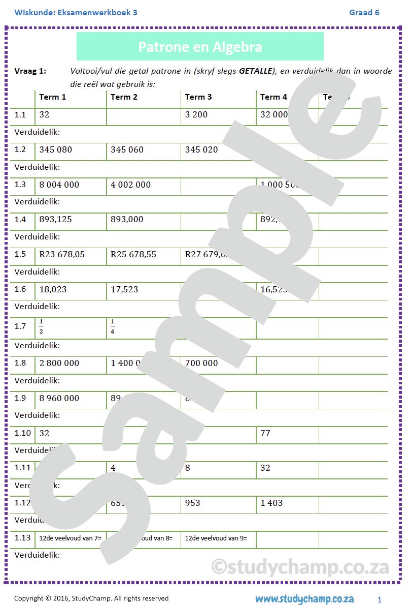 Graad 6 Wiskunde Jaareind Hersiening: Werkboeke 1 tot 6