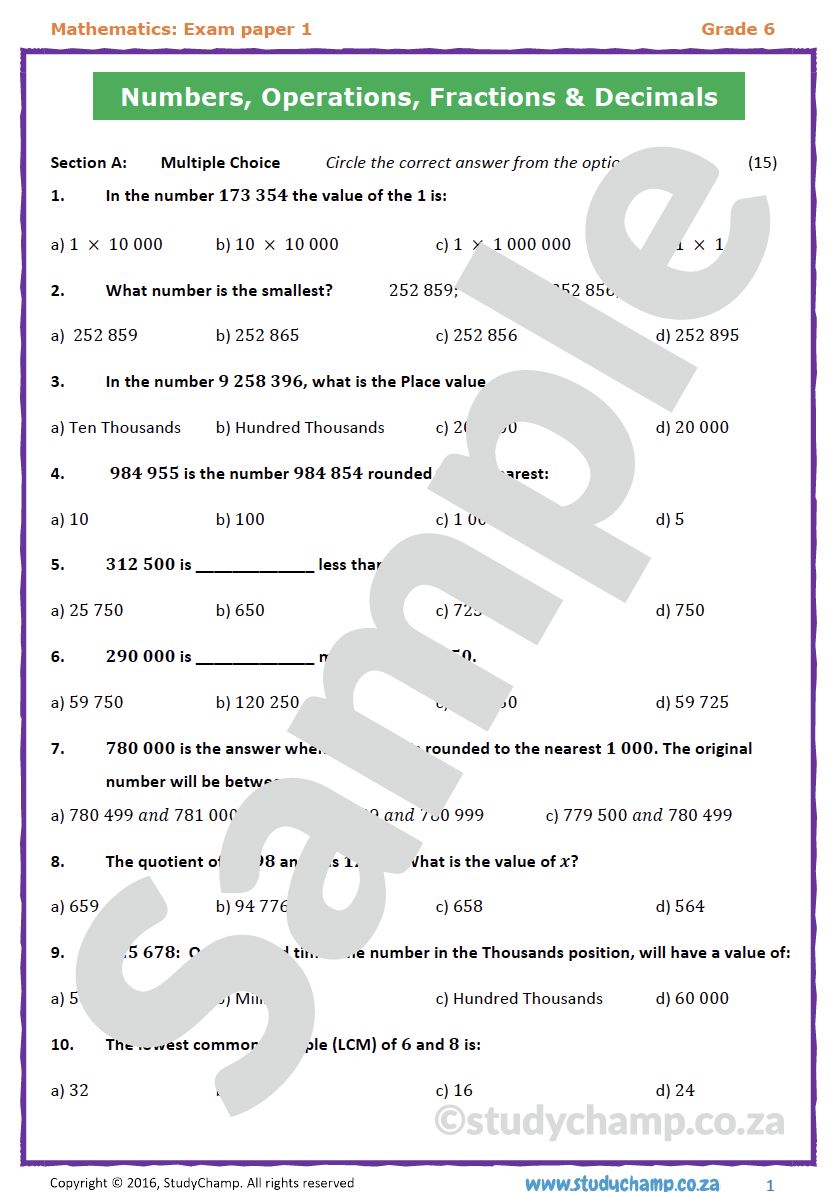 Grade 6 Maths Year-end Exam: Practice Paper 1
