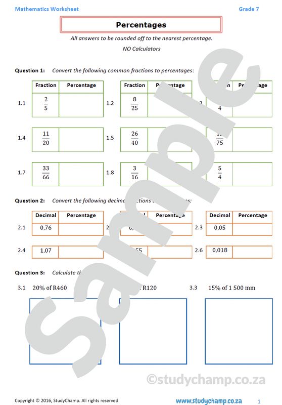 Grade 7 Mathematics Worksheet: Percentages