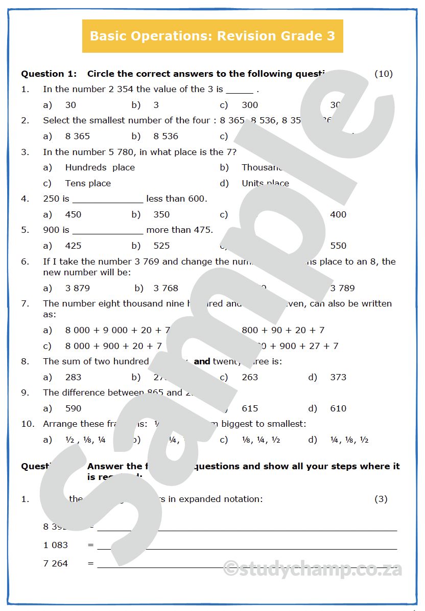 Grade 4 Mathematics Test: Revision Grade 3