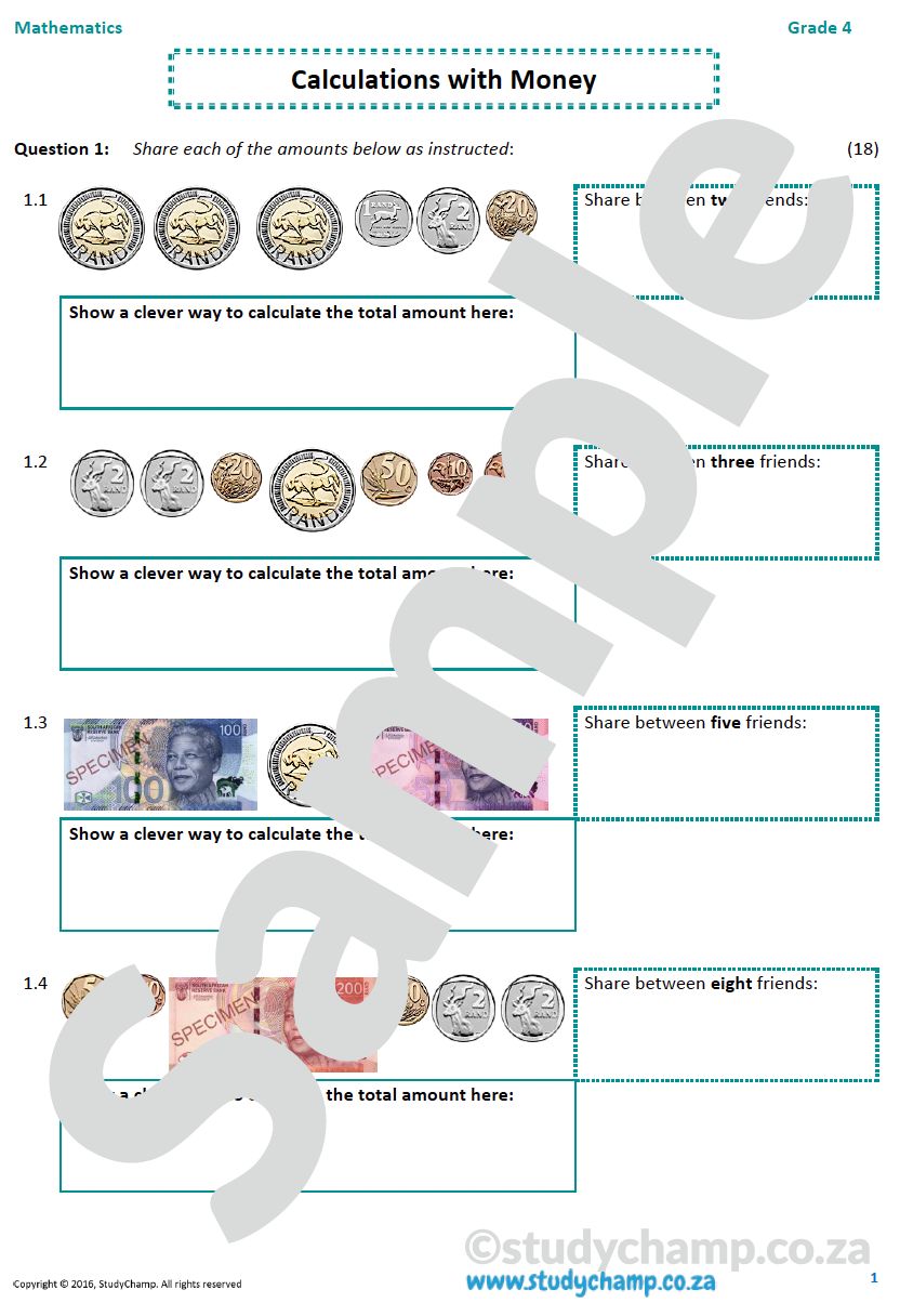 Grade 4 Mathematics worksheet: Money