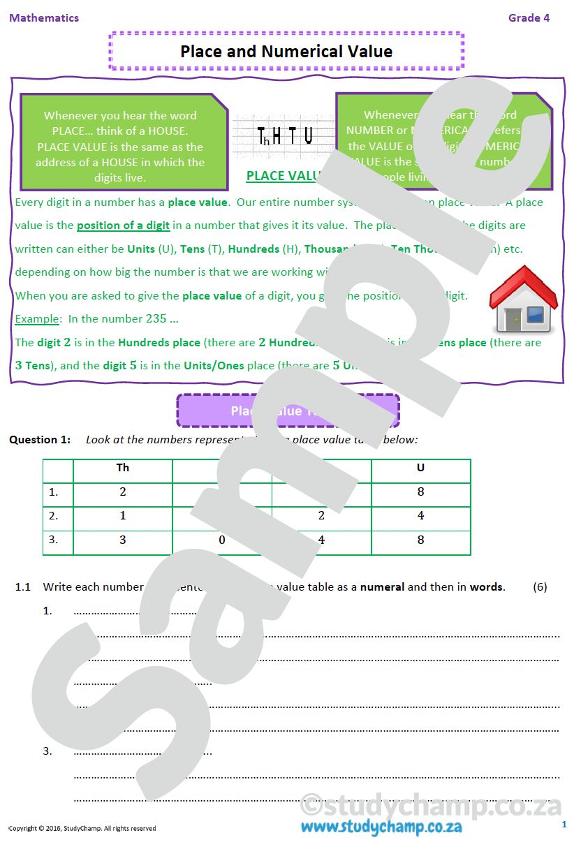 Grade 4 Mathematics worksheet: Place Value and Number Value