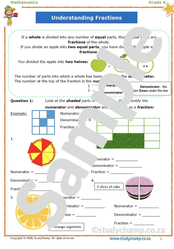 Grade 4 Mathematics worksheet: Fractions A