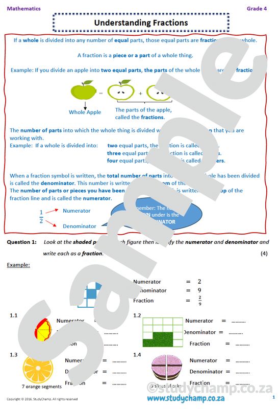 Grade 4 Mathematics worksheet: Fractions A