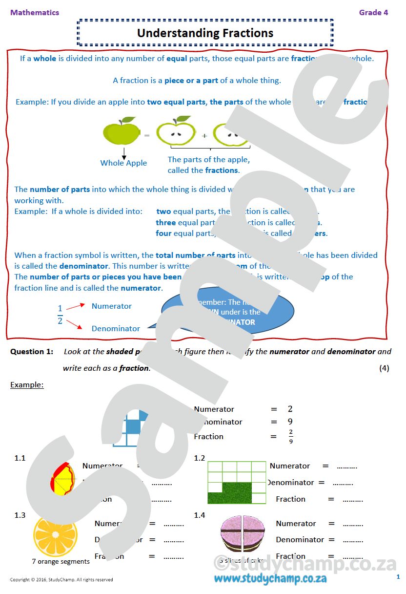 Grade 4 Mathematics worksheet: Fractions A