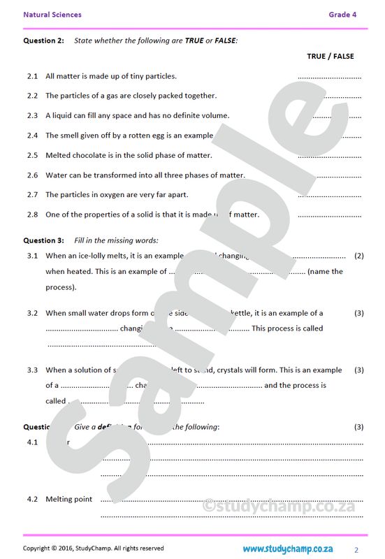 Grade 4 Natural Sciences Test: Matter and the Water Cycle
