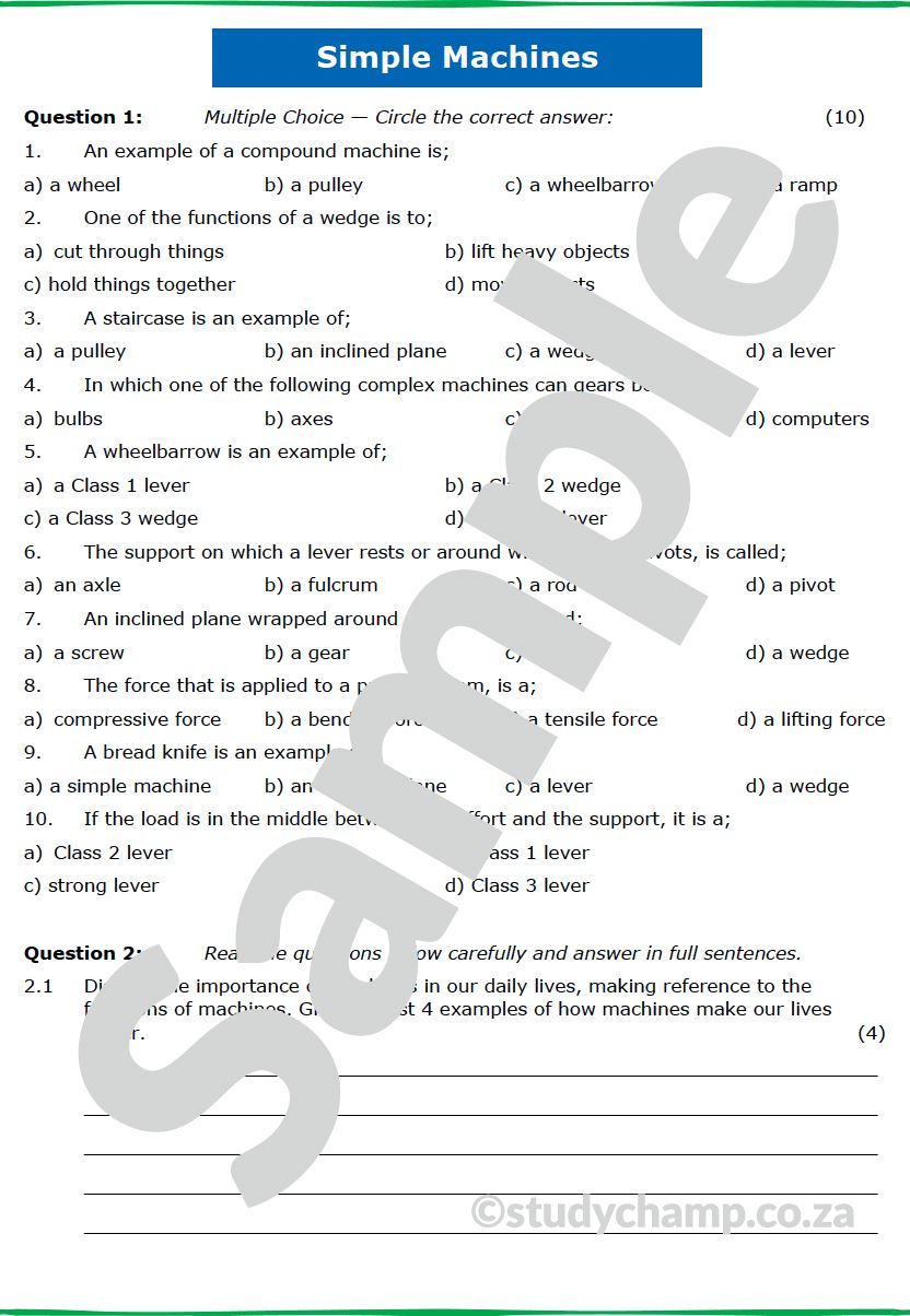 Grade 5 Technology Test: Simple Machines