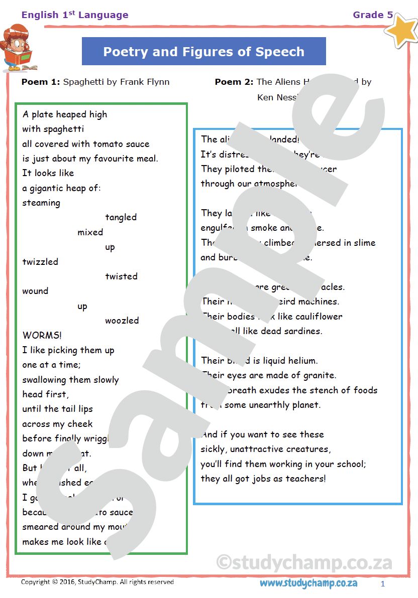 Grade 5 English Worksheet: Poetry and  Figures of Speech