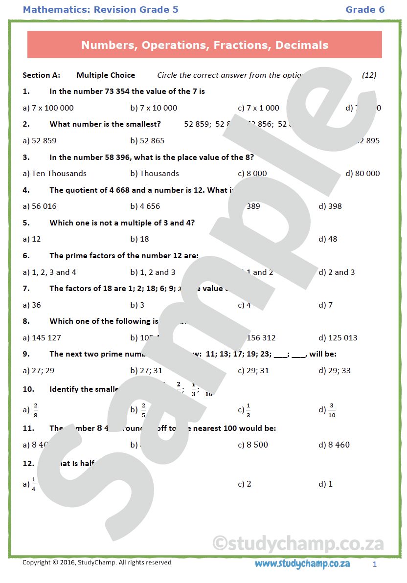 Grade 6 Maths Test: Revision Grade 5