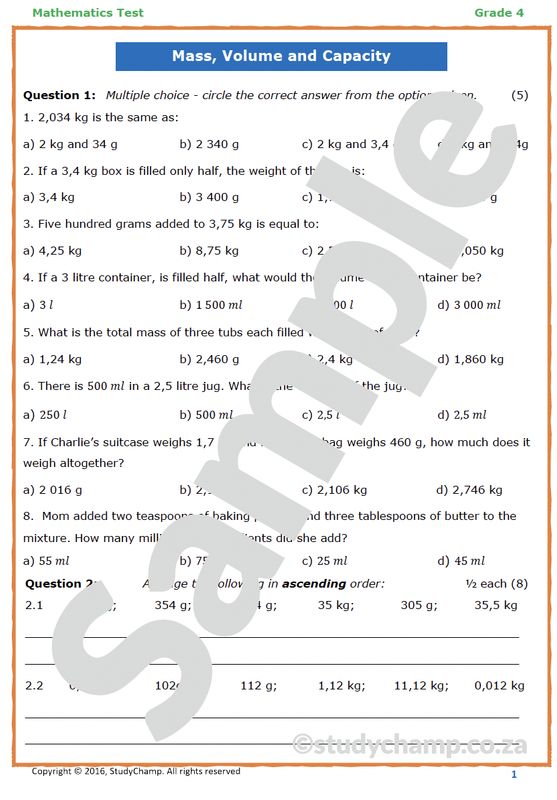Grade 4 Mathematics Test: Measurement - Capacity, Volume and Mass