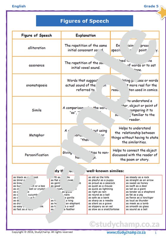 Grade 5 English Worksheet: Figures of Speech