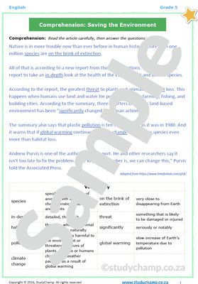 Grade 5 English Comprehension: The Environment
