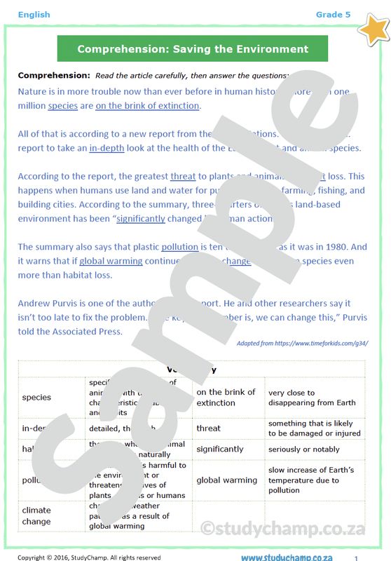 Grade 5 English Comprehension: The Environment