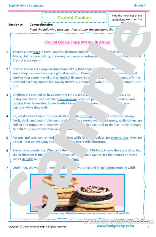 Grade 4 English Comprehension: Crumbl Cookies