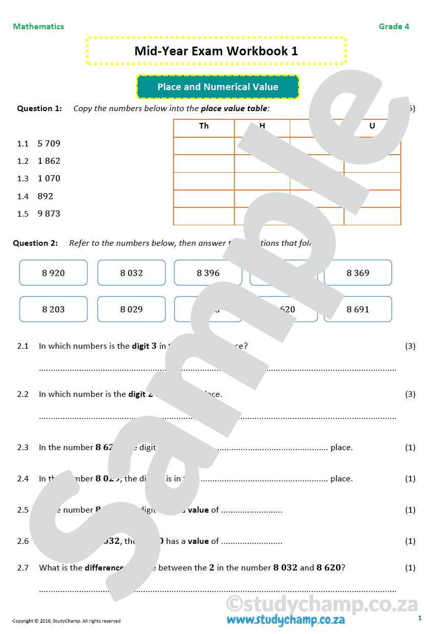 Grade 4 Maths Mid-Year Exam workbook 1: Numbers and Operations