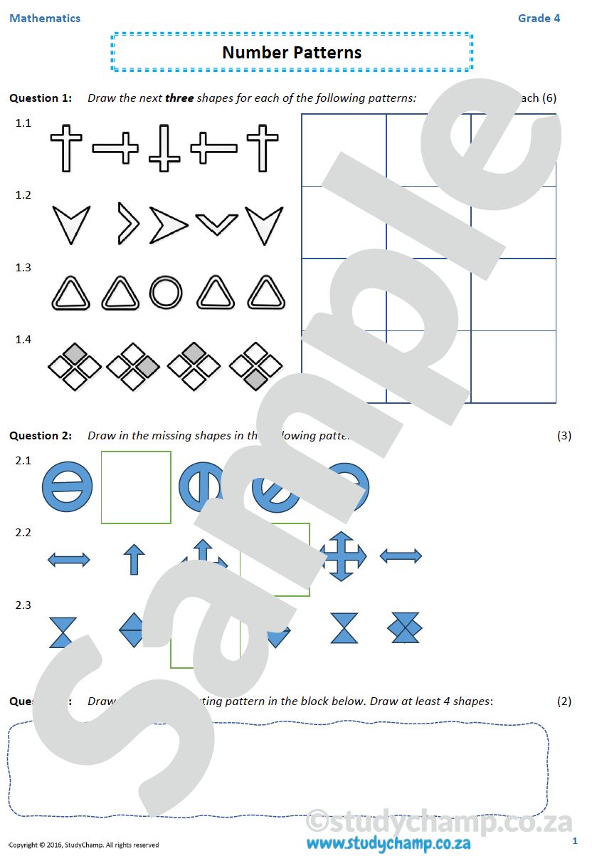 Grade 4 Mathematics worksheet: Number Patterns