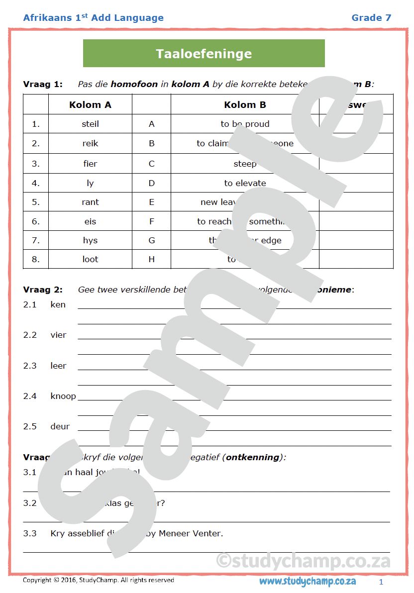 Grade 7 Afrikaans: Algemene Taal 1