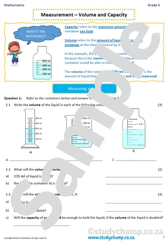 Grade 4 Mathematics worksheet: Measurement - Capacity