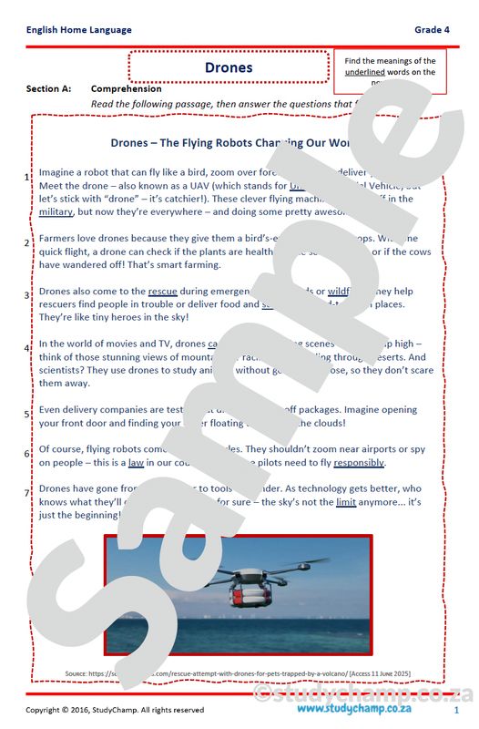 Grade 4 English Comprehension: Drones