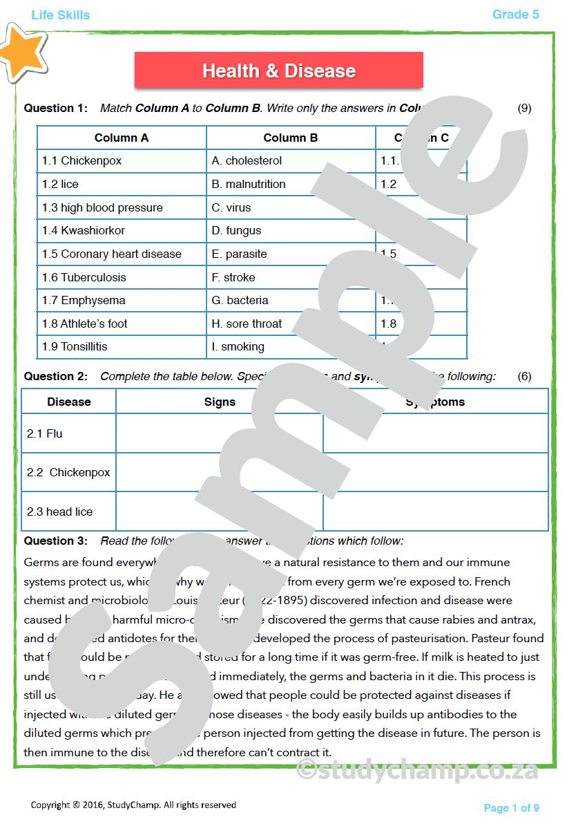 Grade 5 Life Orientation Test: Health and Diseases