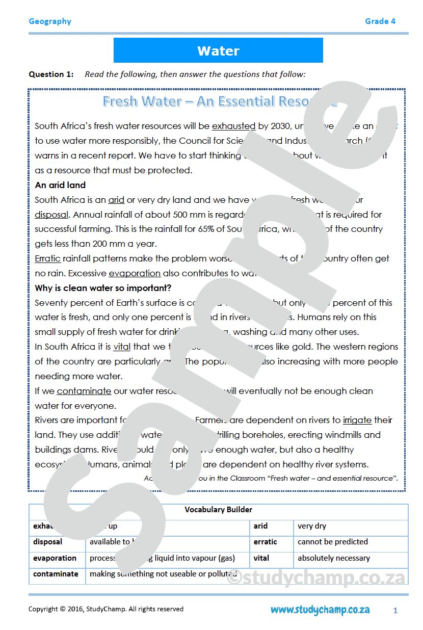 Grade 4 Geography Test: Water in South Africa