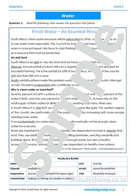 Grade 4 Geography Test: Water in South Africa