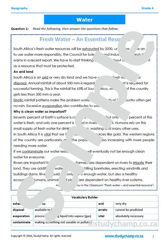 Grade 4 Geography Test: Water in South Africa