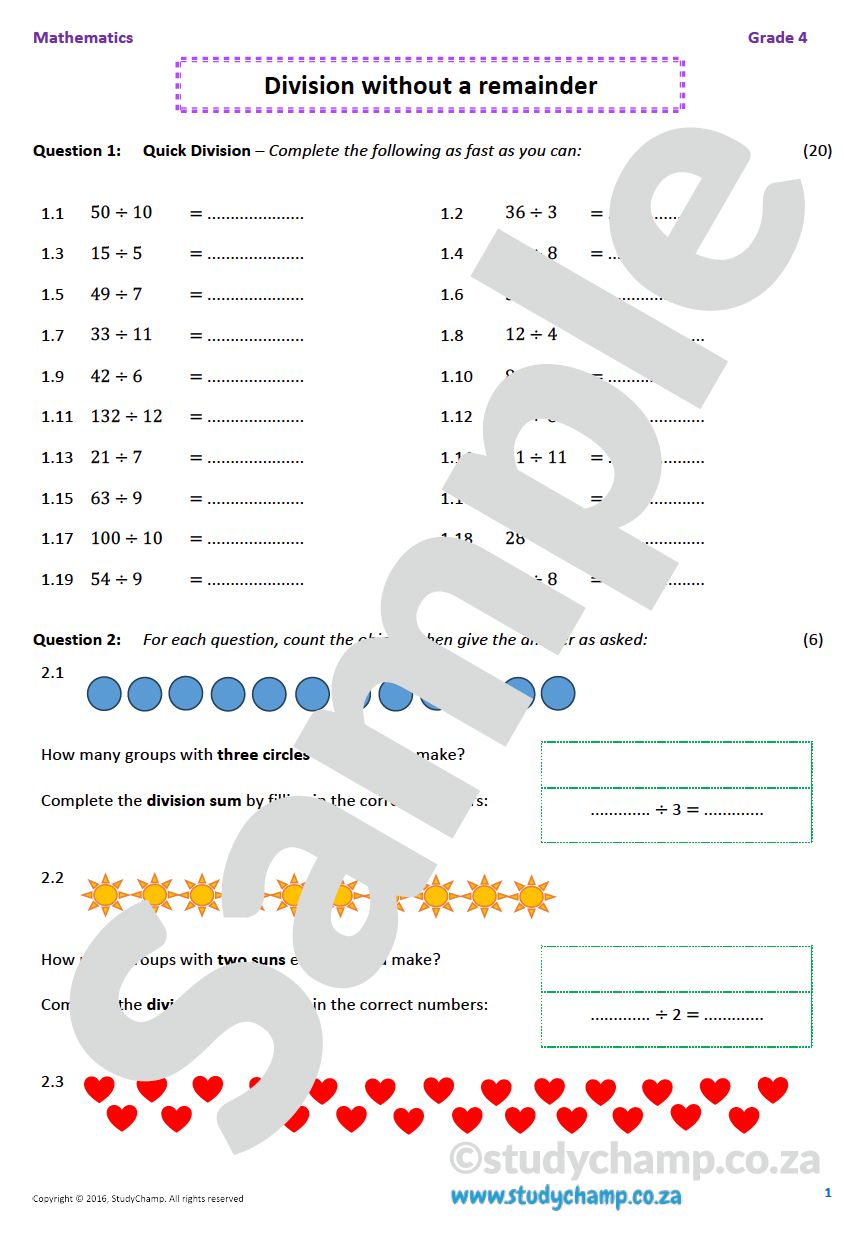 Grade 4 Mathematics worksheet: Division without remainders