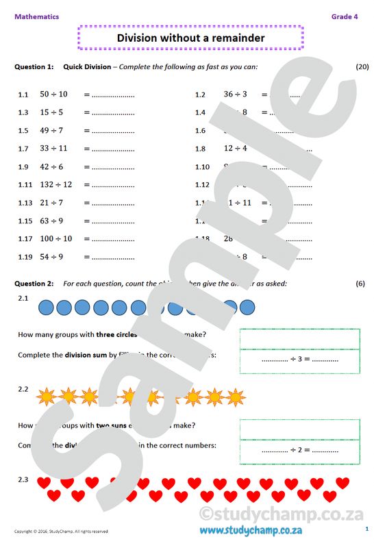 Grade 4 Mathematics worksheet: Division without remainders