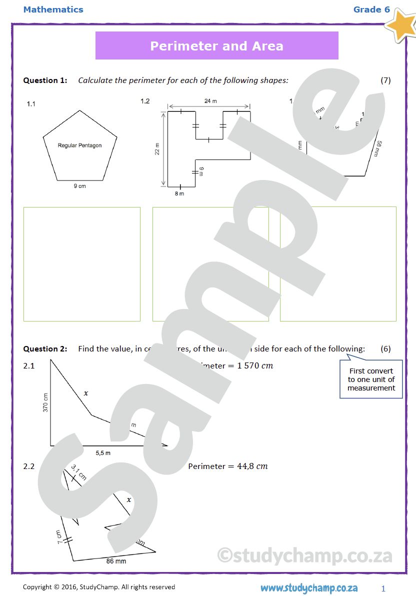 Grade 6 Maths Test: Perimeter and Area