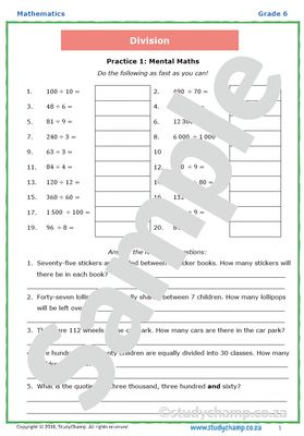 Grade 6 Maths Worksheet: Division