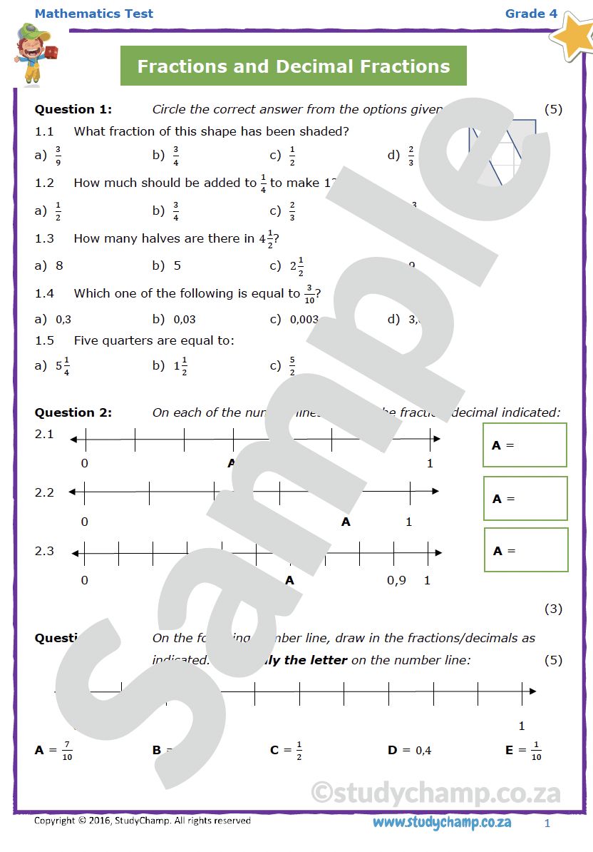Grade 4 Mathematics Test: Common Fractions and Decimal Fractions